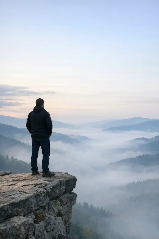 Vyras stovi ant uolos krašto ir ramiai žvelgia į rūku apgaubtus kalnus — simbolinis stoicizmo vaizdas apie vidinę ramybę ir baimės įveikimą.